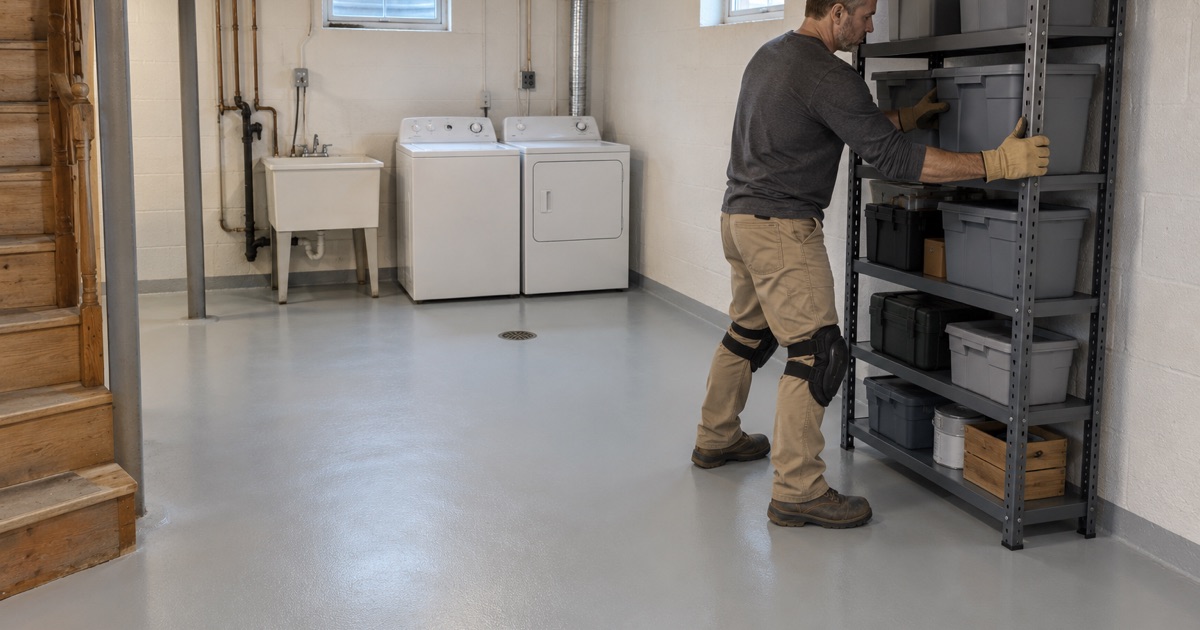 A light gray epoxy basement floor in a Janesville ranch, a steel shelving unit eased back into place on the finished coating.
