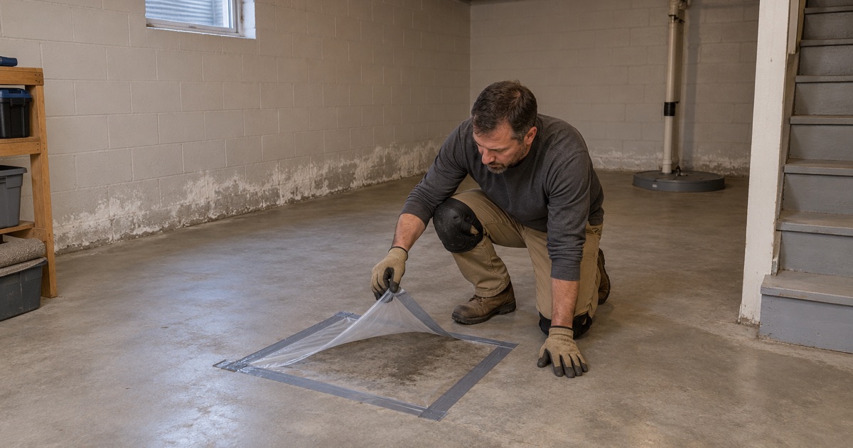 A taped plastic sheet test on a bare Janesville basement floor, white efflorescence along the base of the block wall behind it.