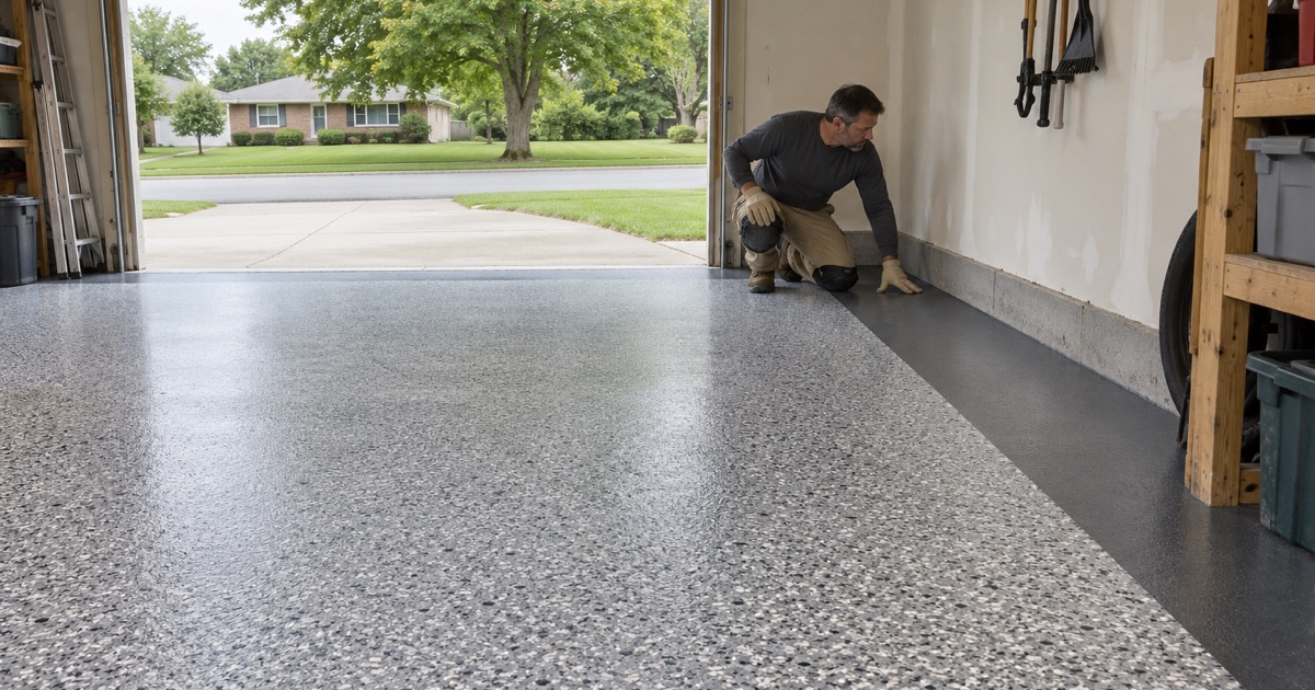 A crisp border between a solid charcoal band and a gray flake field on a newly finished Janesville garage floor.
