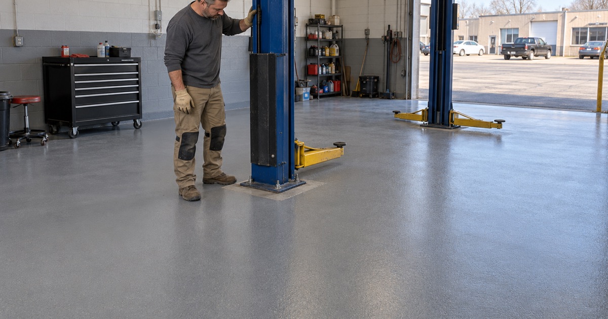 A coated service-bay floor around a two-post lift in a Janesville auto repair shop.