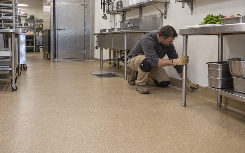 A urethane cement floor with an integral cove and a floor sink under the prep line in a Janesville restaurant kitchen.
