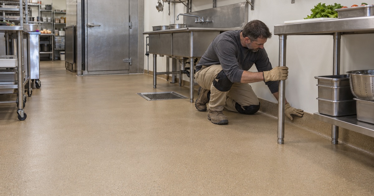 A urethane cement floor with an integral cove and a floor sink under the prep line in a Janesville restaurant kitchen.