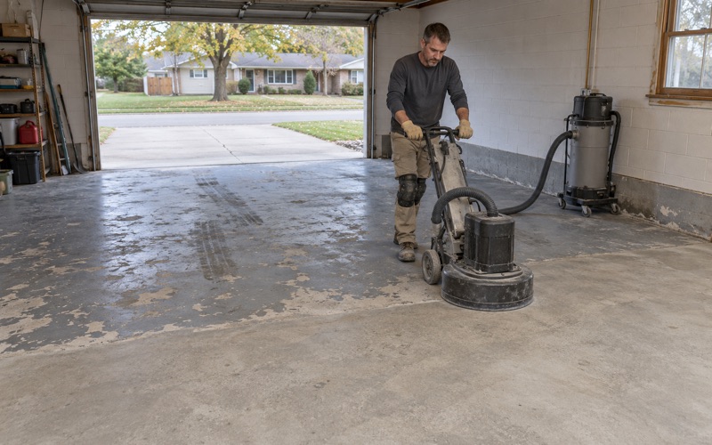 A walk-behind planetary grinder taking old peeling paint off a Janesville garage slab, half the floor already open.