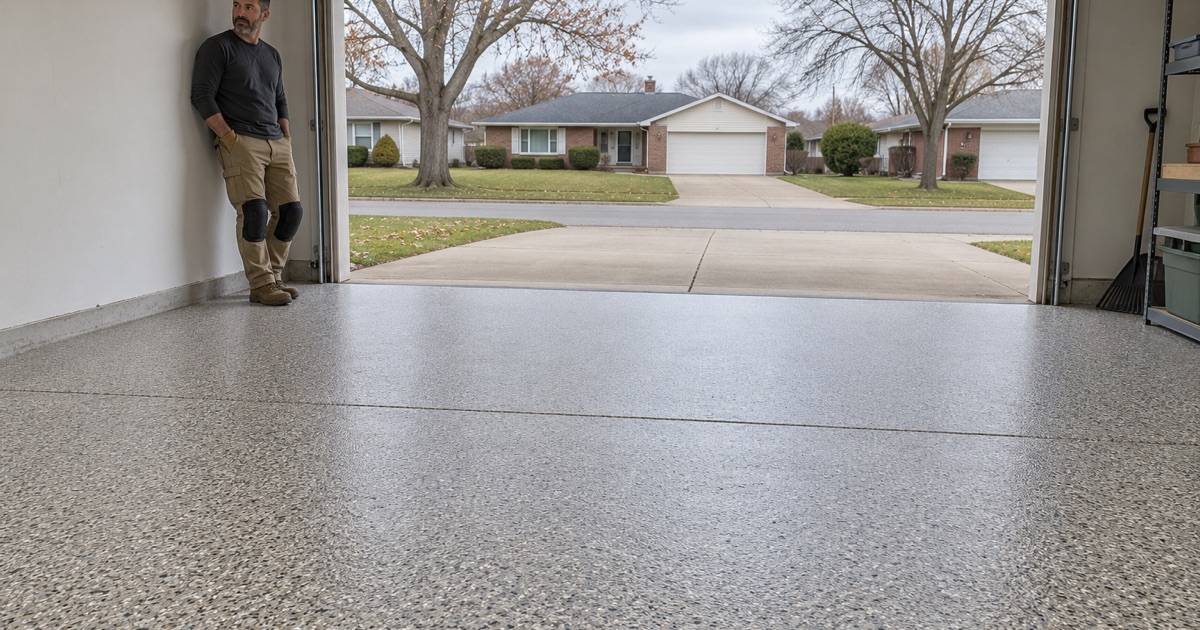 A finished flake floor in the attached garage of a 1960s Janesville ranch, the door raised to a quiet street of maples.