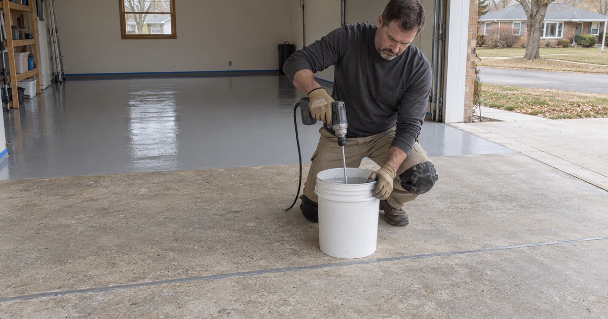 Two-part epoxy base coat mixed in a Janesville ranch garage, the back half of the ground slab already coated.