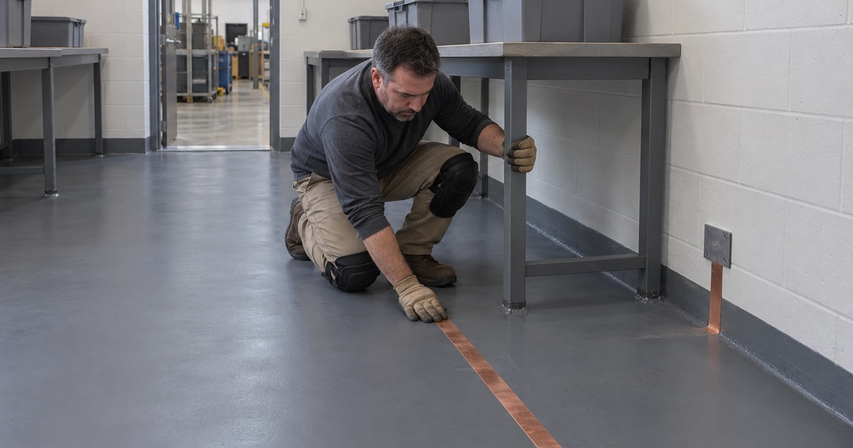 Copper grounding strip laid on a primed floor before the static-dissipative topcoat in a Janesville electronics room.