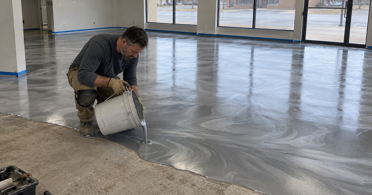 Pearl and charcoal metallic epoxy poured across the floor of a small Janesville showroom, pigment still moving.