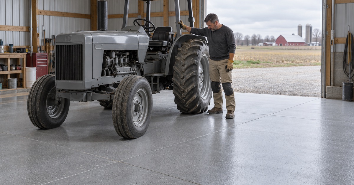 A coated concrete floor inside a farm machine shed near Janesville, a plain tractor parked on it.