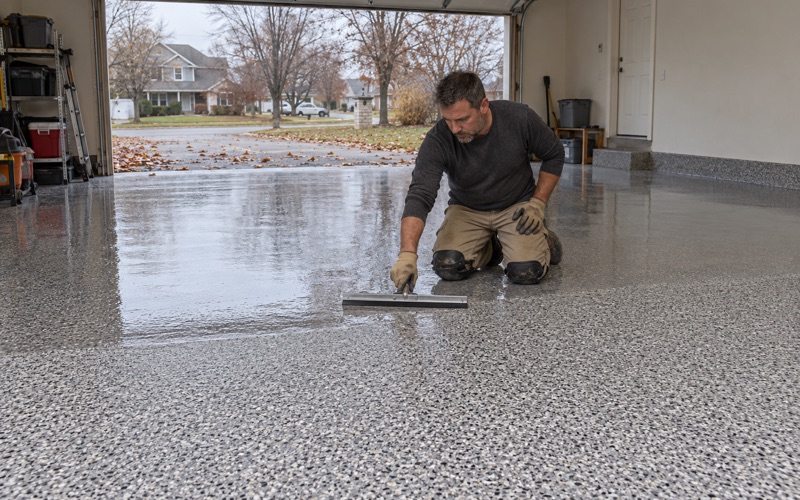 A clear polyaspartic topcoat pulled across a flake garage floor in Janesville on a cold late-autumn day.