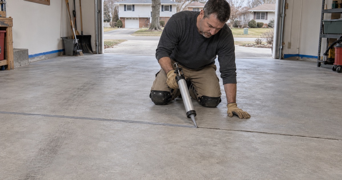 A saw-cut joint filled flush on a freshly ground Janesville garage slab, one of the steps before any coating goes down.